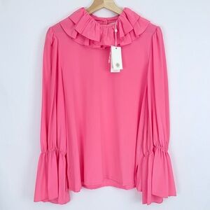NWT Tory Burch Vivid Pink Silk Long Sleeve Ruffle Blouse Size 12